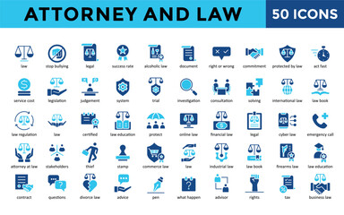 Attorney and Law icons set with law, stop bullying, egal, success rate, alcoholic law, document, right or wrong, commitment, protected by law, act fast icon. Simple flat vector 
