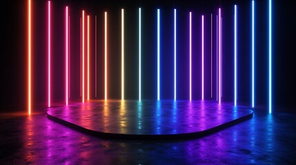 A vibrant stage with colorful neon lights and a reflective floor, ideal for performances.