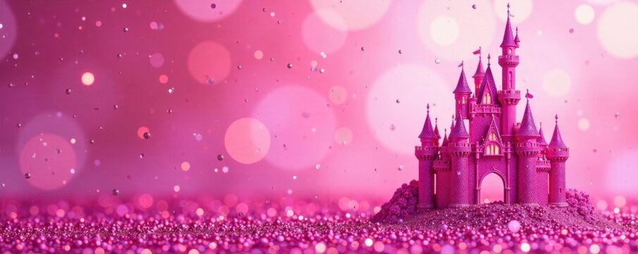 Pink glitter backdrop, princess castle silhouette, sweet, festive