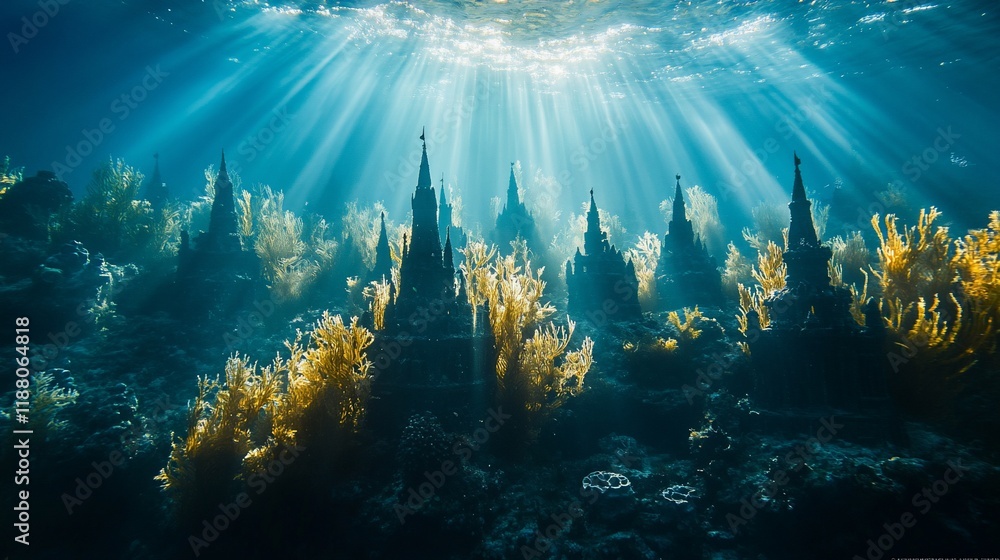 Poster sunbeams illuminate submerged, ancient structures overgrown with coral.
