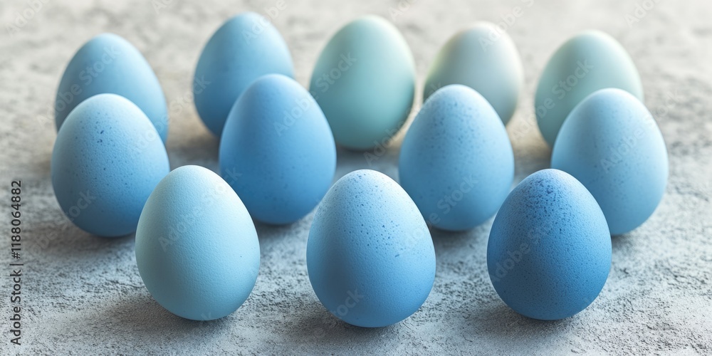 Poster row of blue and white eggs are arranged in a circle. the eggs are all different sizes and are placed