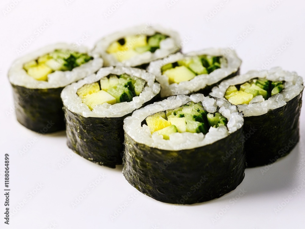 Poster roll of sushi with cucumber and avocado. the roll is green and white. the sushi is sitting on a whit