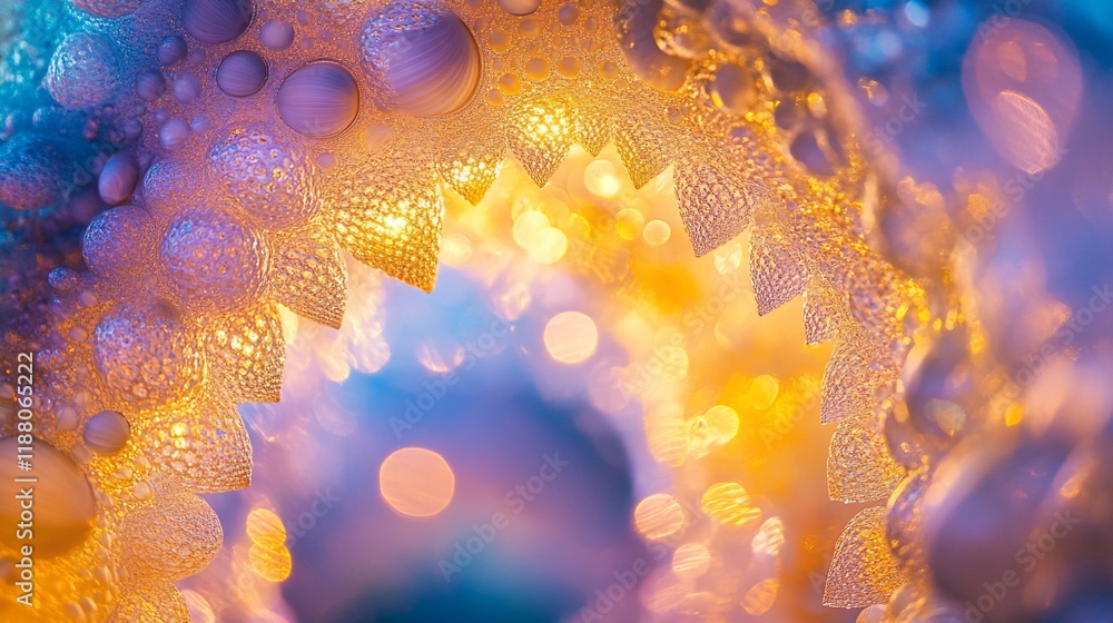 Poster abstract close-up of iridescent textured surface with bokeh lights.