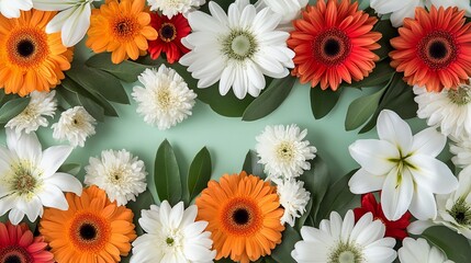 Flat lay of colorful flowers and greenery on pastel green background.