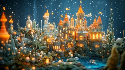 Obraz premium Enchanting underwater kingdom with glowing castle, magical flora, and sparkling water.