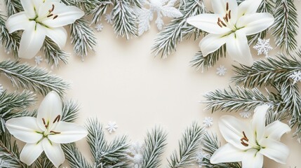 Naklejka premium Festive frame of snowy pine branches, white lilies, and snowflakes on beige background.