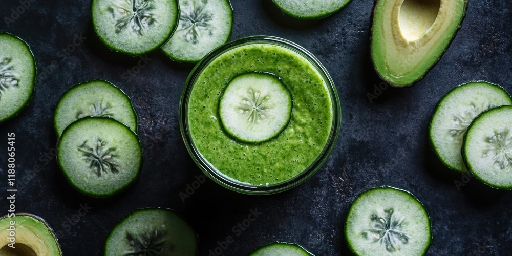 Poster bowl of green juice with a cucumber slice in the middle. the juice is surrounded by cucumber slices