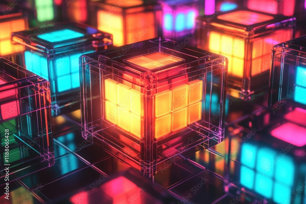 Aufkleber colorful cube with a yellow and red center is surrounded by other cubes. the cubes are all different