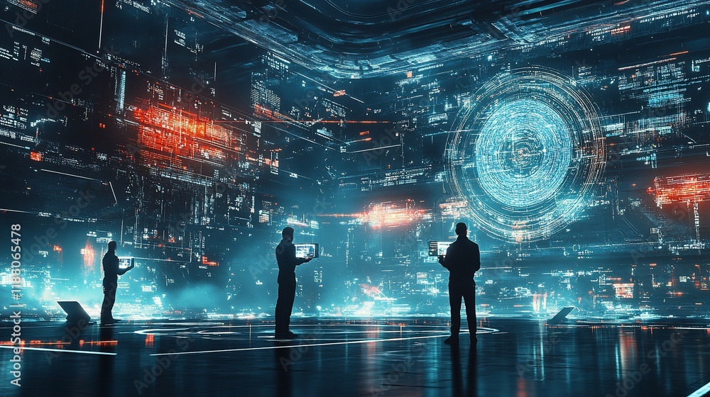 Poster silhouetted figures examine futuristic data visualizations in a digital environment.