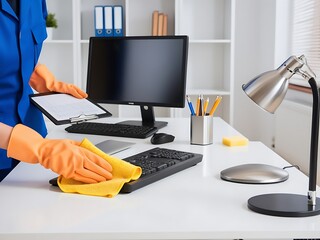 Professional office cleaning service person using cleaning equipments