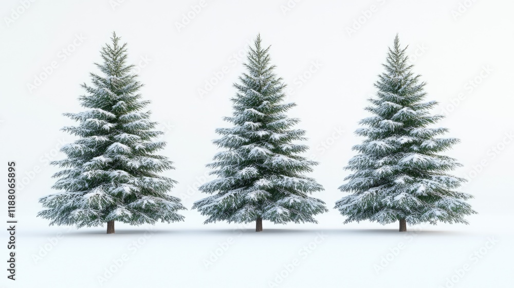 Poster three snow covered pine trees standing in a field. the trees are tall and have a lot of snow on them