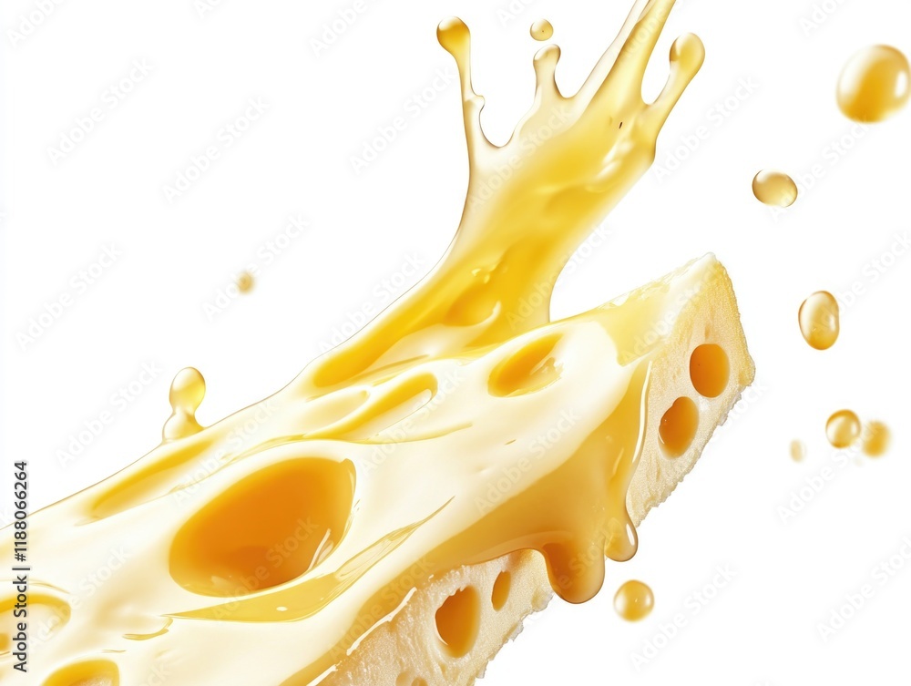 Poster slice of cheese with a yellow liquid dripping from it. the cheese is cut in half and the liquid is f