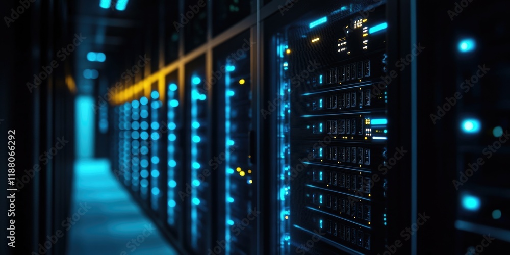 Poster computer server room with many servers and a large monitor. the room is lit up with blue lights