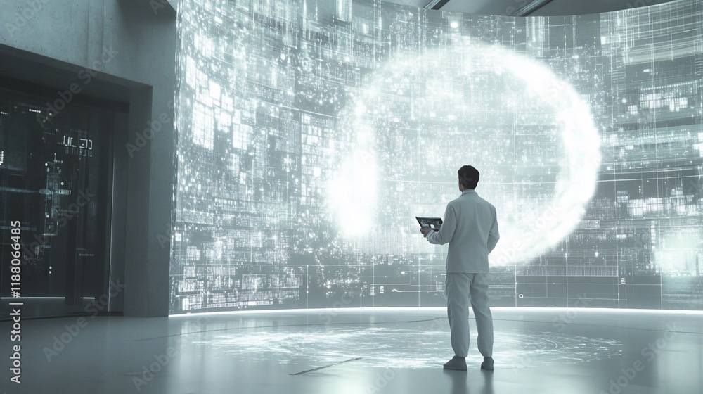 Aufkleber man in white suit using tablet, viewing futuristic holographic data sphere and digital interface in 
