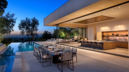Obraz premium Modern luxury home with infinity pool, outdoor dining, and sunset view.