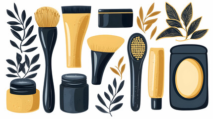 Cosmetic brushes and containers, natural elements, flat illustration, beauty product display