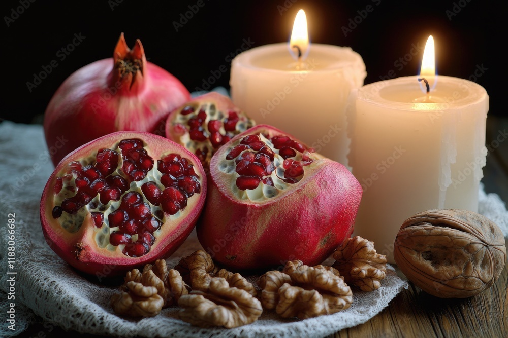 Poster table with a plate of pomegranates and walnuts, and two candles. scene is warm and inviting, with th