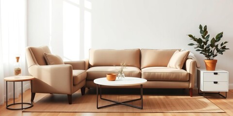 Minimalistic modern living room with neutral tones and elegant decor, light, minimalist, luxury
