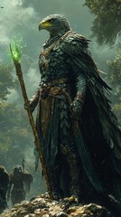 Illustration - Eagle Warrior with Magic Staff in Fantasy Forest