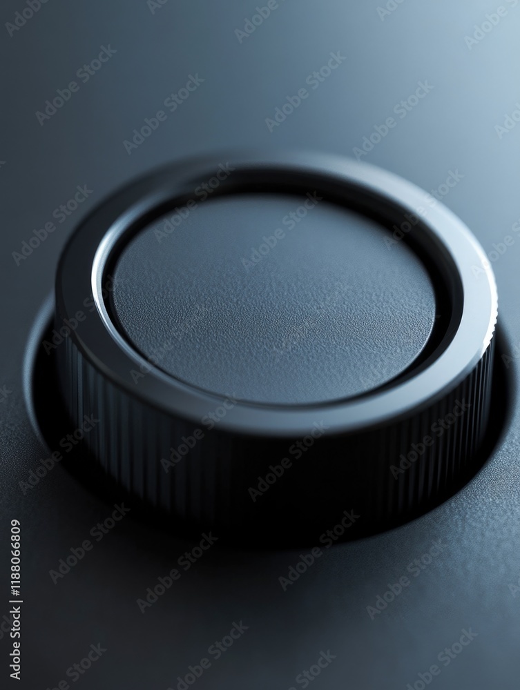 Poster close up of a button with a black background. the button is round and has a black rim