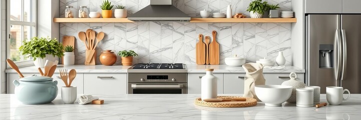 Marble table with blurred kitchen supplies in the background for product display mockup, background, home, mockup