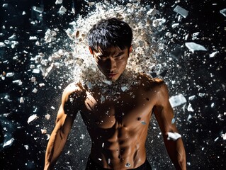 Fototapeta premium Man is standing in a cloud of white powder. The man is bare-chested and has a muscular build. Concept of energy and movement