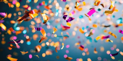 Colorful explosion of confetti is falling from the sky. The confetti is in various colors and sizes, creating a festive and celebratory atmosphere