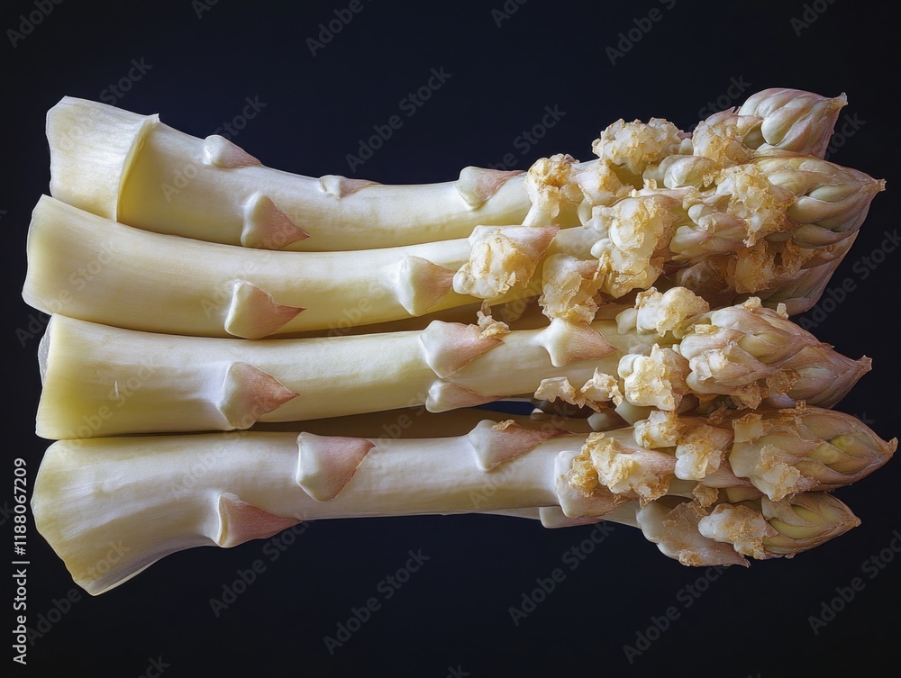 Poster bunch of asparagus with a black background. the asparagus are all different sizes and are all pointi