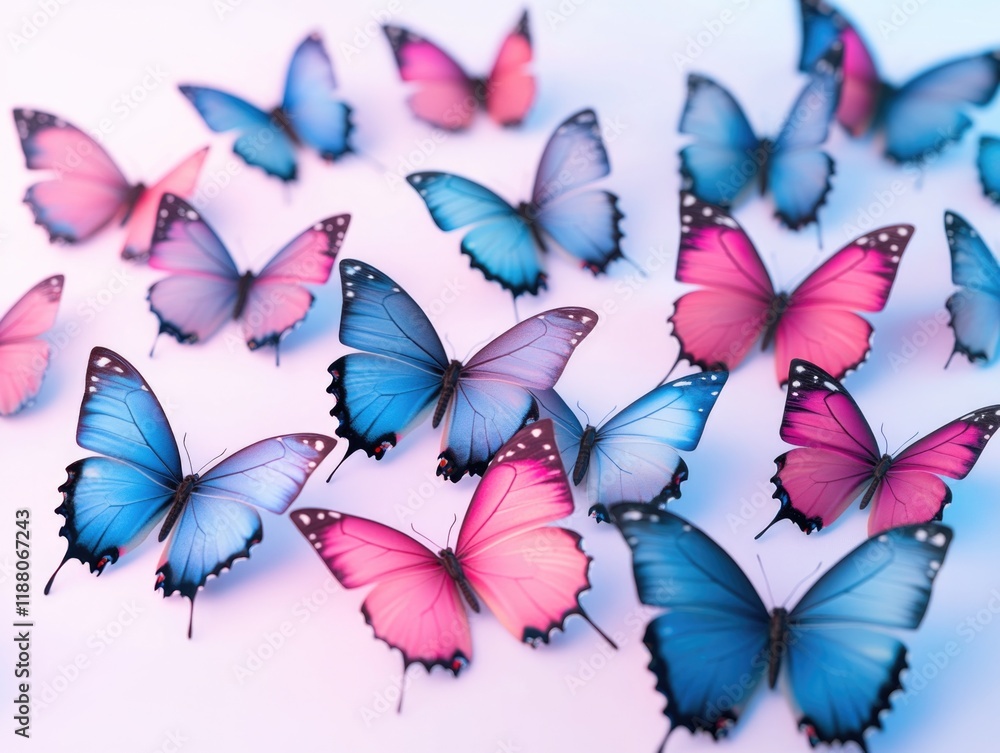 Aufkleber group of butterflies with different colors and patterns are arranged in a row. concept of harmony an