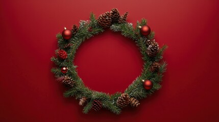 A festive circular frame of fir branches and holiday ornaments, placed on a red background, ideal for Christmas cards or seasonal marketing with room for text.