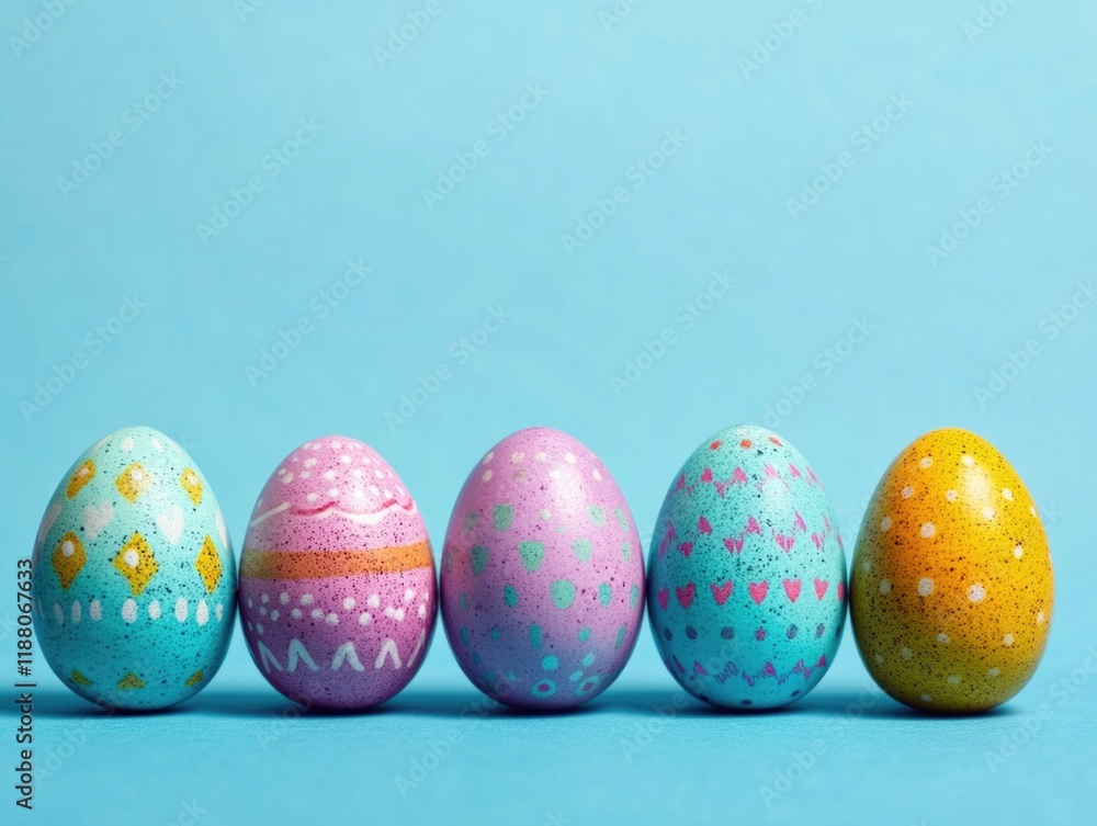 Aufkleber row of painted easter eggs with different colors and designs. the eggs are arranged in a line on a b