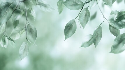 Obraz premium Soft focus image of green leaves on branches against a blurred background.