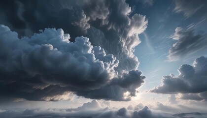 Misty blue sky with thick grey clouds that obscure the view, natural scenery, atmospheric effects