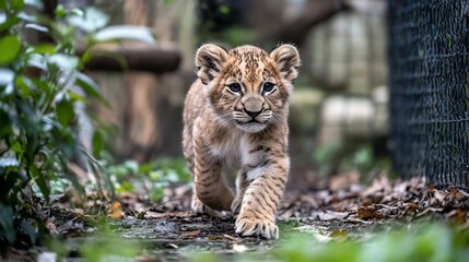 Obraz premium Adorable lion cub walking towards the camera in its enclosure.