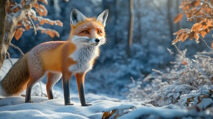 Fox is standing in the snow with its tail up. The fox is orange and white, and it looks happy. The image has a peaceful and serene mood, as the fox is standing alone in the snow