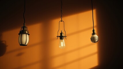 Three vintage pendant lights illuminate a room with a warm orange wall and sunlight streaming through a window.