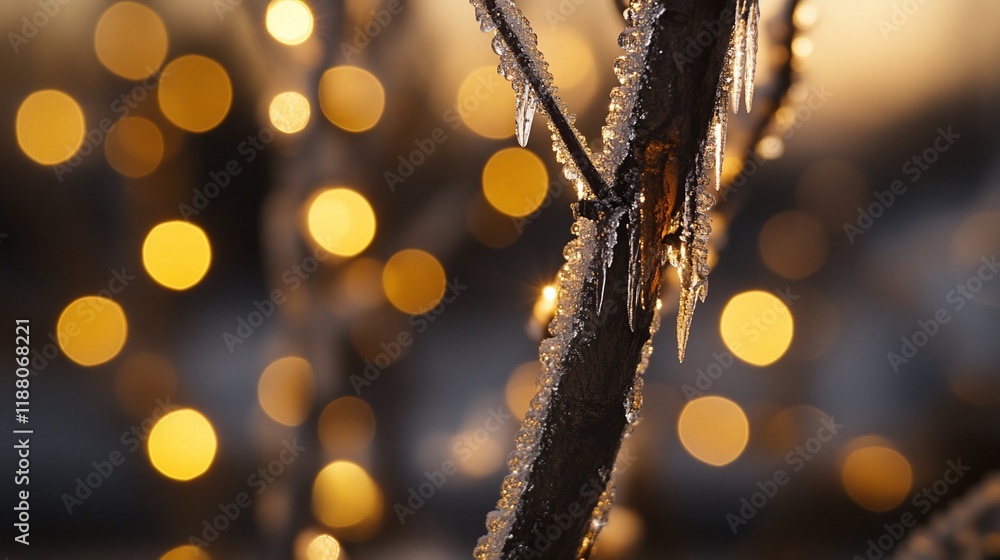Poster icy tree branch with bokeh lights.