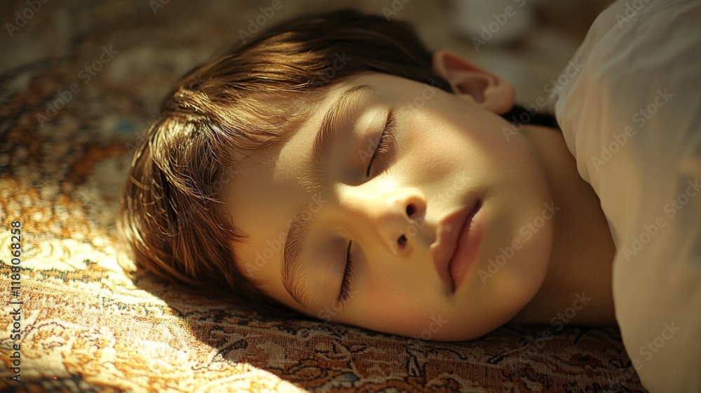 Wall mural Young Boy Peacefully Sleeping In Sunlight