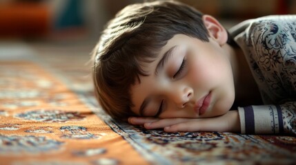 Young Boy Sleeping Peacefully On A Colorful Rug