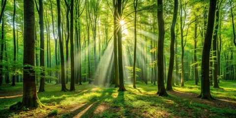 Naklejka premium Warm sunlight filtering through leaves and branches in a dense green forest, casting dappled shadows on the forest floor, with trees towering above , leafy greens, trees