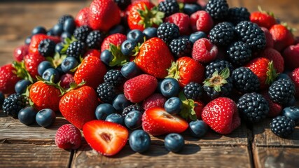 Obraz premium A vibrant and colorful collection of fresh, juicy strawberries, blueberries, and raspberries, arranged on a rustic wooden surface, capturing the essence of summer's bounty.
