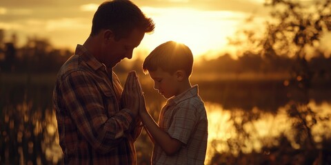 Man and a boy are praying together. The boy is kneeling and the man is standing. The scene is set in a field near a body of water