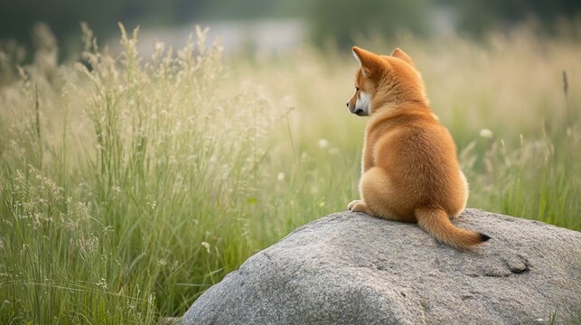 Cute Shiba Inu puppy sits on rock in tall grass.