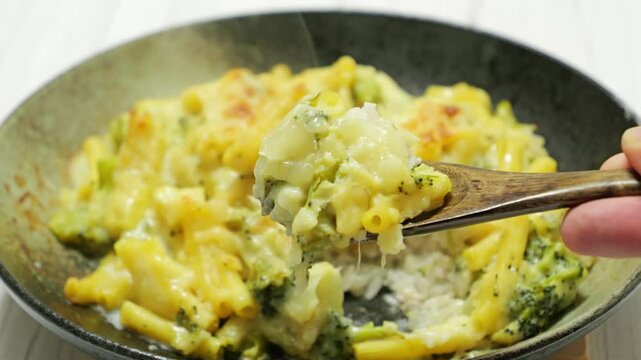 Gratin (doria) made with vegetables, macaroni, cheese and rice. Looks warm and delicious