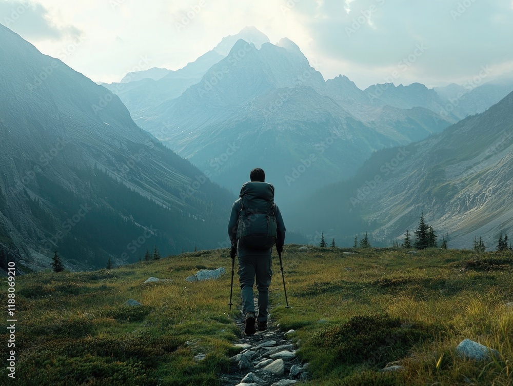 Poster man is walking on a path in the mountains with a backpack. the mountains are in the background and t