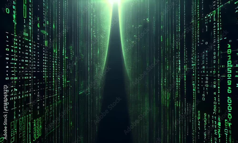 Poster flying through dynamic binary code matrix animation with glowing green numbers cascading down a dark