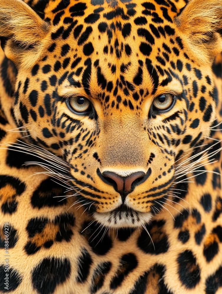 Poster close up of a leopard's face with its eyes open. the leopard's face is the main focus of the image, 