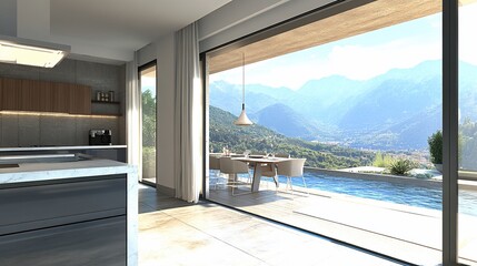 Fototapeta premium Modern kitchen opens to patio, pool, mountain view.