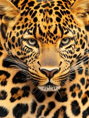Obraz premium Close up of a leopard's face with its eyes open. The leopard's face is the main focus of the image, and it is looking directly at the camera. Concept of curiosity and alertness
