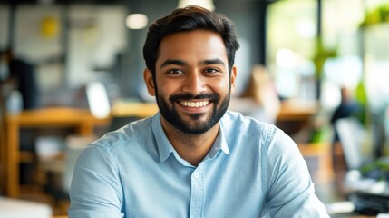 Obraz premium Man with a big smile is sitting at a table in a restaurant. He is wearing a blue shirt and a white shirt underneath
